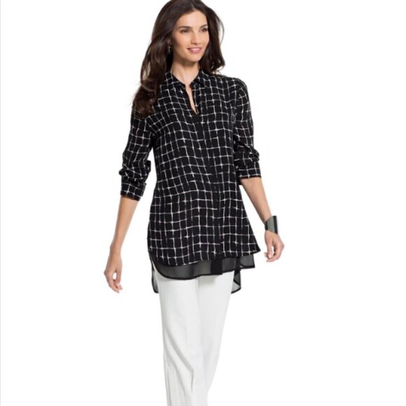 Chico's Black Label Grid Pattern Tunic Top Sz 0 (S/4) #2E - Picture 1 of 14